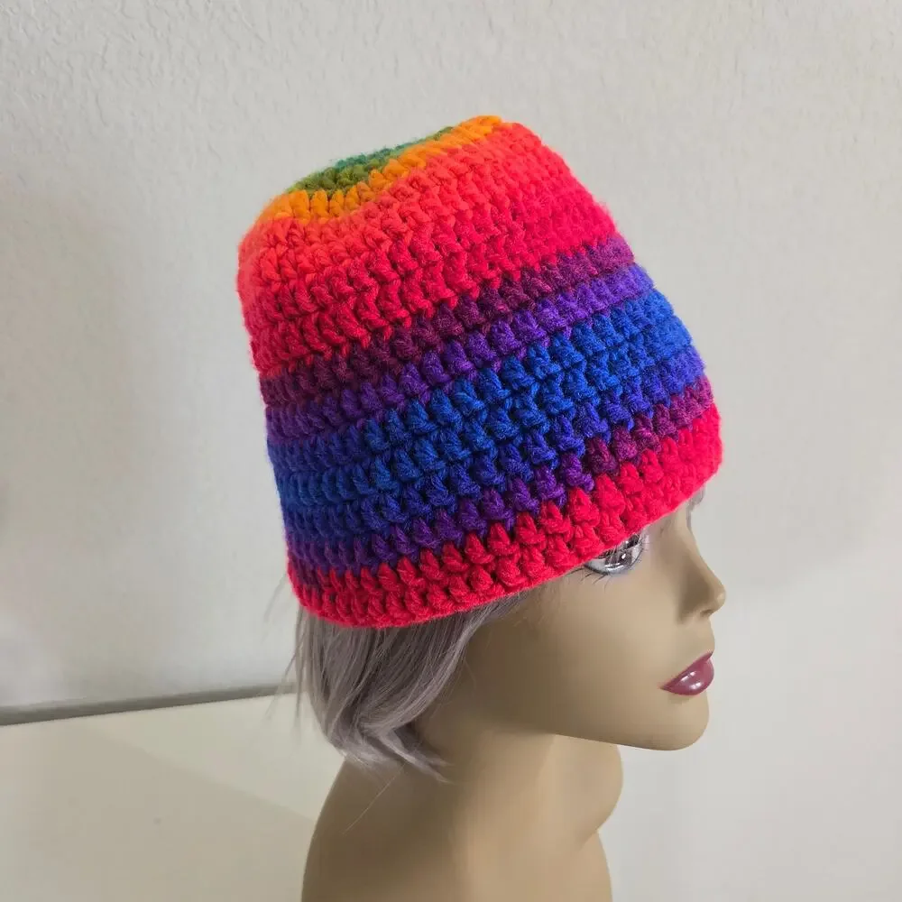 Handmade Crochet Rainbow Striped Beanie Hat Womens One Size Adult Colorful
